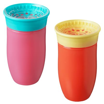 Nuby All Around Water Bottle - No Spill Sippy Cup | 300ml / 10oz | Drink from Any Angle | Dishwasher Safe | BPA Free | Suitable Beaker for 6 Months Plus (Pack of 2, Pink/Orange)