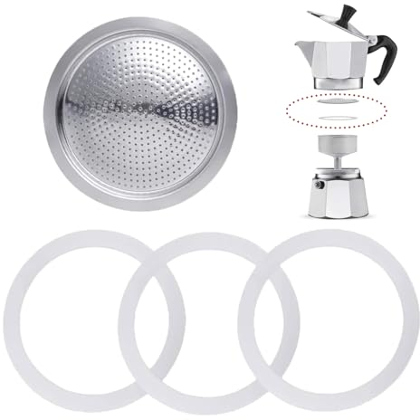 3 Pièces Joints d'étanchéité pour Machine à Expresso 6 Tasses, Joint de Rechange en Silicone, avec Tamis en Aluminium(3 x Bague d'Étanchéité en Silicone + 1 x Filtre en Acier)(6 Tasses)