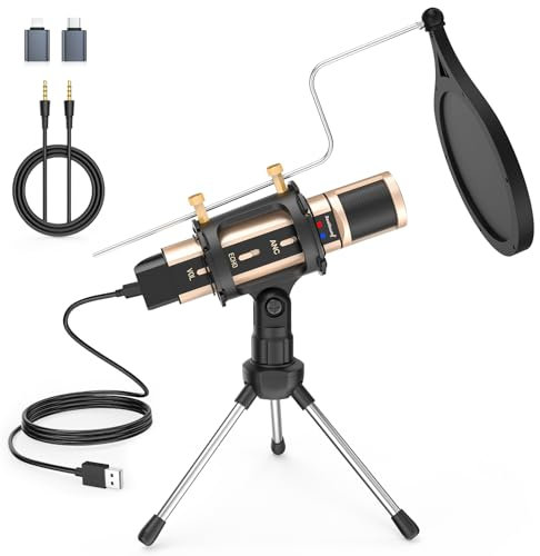 zealsound USB Mikrofon, Aufnahmen Mikrofon für iPhone/PC/Mac/PS5 mit Echo/Mute, Adapter für iPhone/USB-C, 3,5 mm Audiokabel, Stativ, Pop-Filter, für Singen, Podcast, ASMR, Streaming, Discord, Twitch