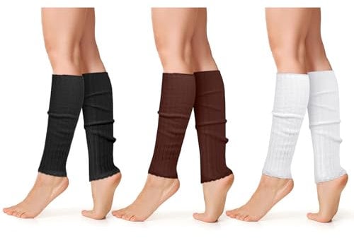 AUYAO Knitted Leg Warmers for Women Girls, Boot Cuffs Warm Knee Warmers, Ladies 80s Plain Ribbed Leg Warmers, Women Knit Leg Warmers for Skating Yoga Accessories (3Pcs-Black&White&Coffee, one size)