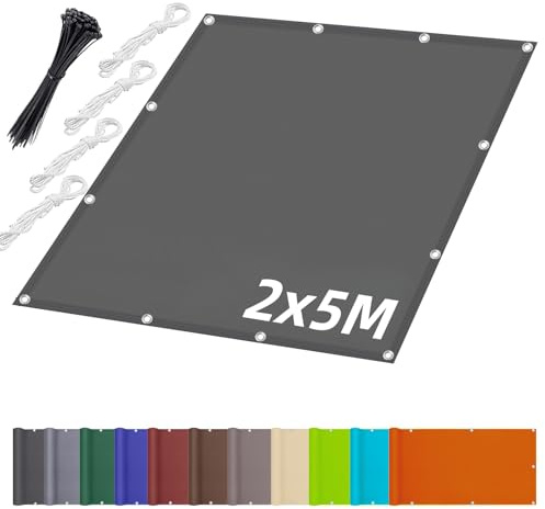 Sonnensegel Aufrollbar 2x5M, Segeltuch Wasserdicht im Viele Größe und Farben, Schattiernetz mit ösen inkl Befestigungsseile, UV-Schutz, Wetterfest für Garten Balkon Terrasse - Dunkelgrau