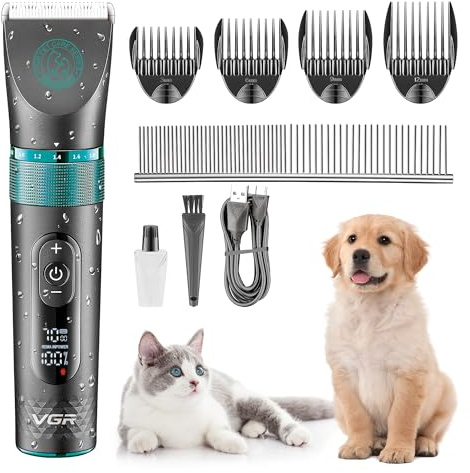 VGR Tosatrice professionale per cani senza fili per peli spessi e ricci, rasoio per animali domestici, impermeabile, batteria ricaricabile elettrica tramite USB-C, lame in ceramica, pelo opaco,