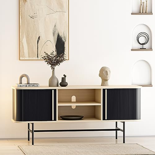 roomfitters TV Schrank mit 2 Schiebetüren, Küchenschrank Schwarz, Fernsehtisch Aufbewahrungsschrank, Fernsehschrank Fernsehtisch Sideboard mit Schrank, TV Möbel für TVs bis 65 Zoll für Wohnzimmer