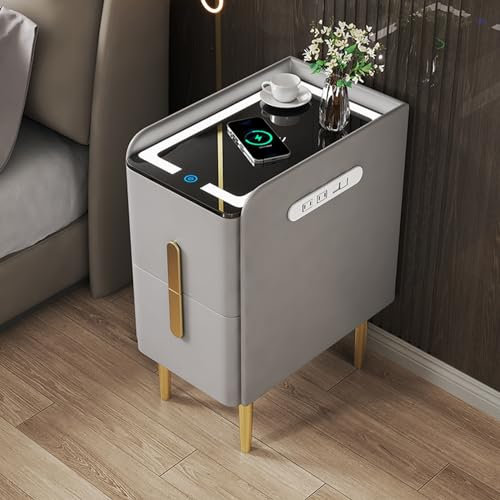 Moderner LED-Nachttisch mit Schubladen und Stauraum, grau, 30 cm, Schlafzimmer/Wohnzimmermöbel