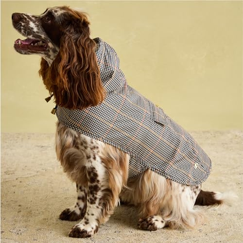 Rosewood x Joules Henson Check Packaway Dog Jacket, Medium – Lightweight Water-Resistant Coat with Hood, Adjustable Velcro Fastenings, Portable for Travel & Walks