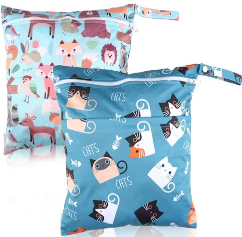 Maxmoc Wetbag Kindergarten,Nasstasche Windeltasche, 2 Stück Wasserdicht Nassbeutel, Wiederverwendbar Nasstasche Kindergarten mit Reißverschluss, für Kleinkind Schwimmen Gym Reisen (Style 7)