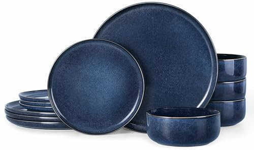 Herogo Servizio di stoviglie in gres porcellanato da 12 pezzi, per 4, piatti piani e ciotole, set di piatti in doppia glassa reattiva, per cucina, antigraffio, adatto a microonde e lavastoviglie, blu