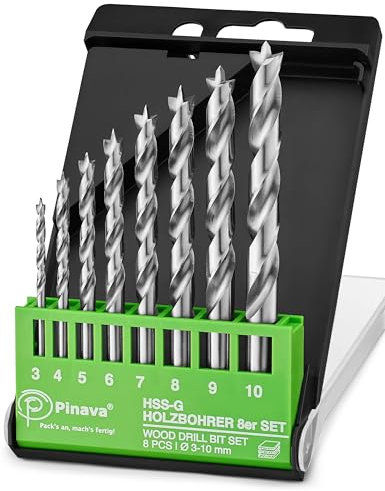 Pinava® Holzbohrer Set 3-10 mm [anhaltend Scharf & Präzise] HSS-G Bohrerset - 8tlg. Bohrer Set Holz - Bohrersatz für saubere Bohrlöcher