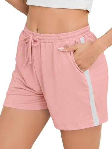 Vlazom Pantaloncini Sportivi Estivi in Cotone da Donna Pantaloni da Jogging a Righe con Tasche per Jogging Running，Rosa，XXL