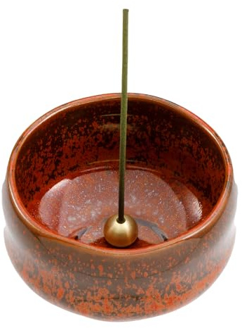 Asayu Japan - Quemador de Incienso Naranja Ladrillo, Hecho en Japón para Varillas, Porta Incienso de Cerámica con Soporte Metálico para Varillas (Naranja Rojo Ladrillo)