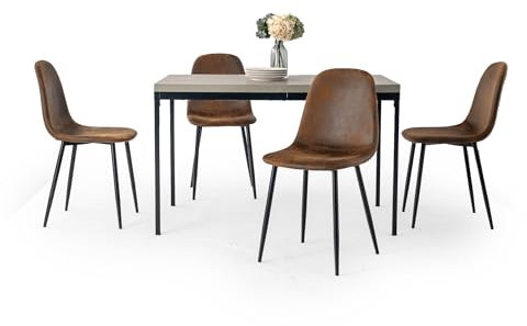 FurnitureR 5-teiliges Esszimmer Set, 120cm graue Holzmaserung Effekt Küchentisch mit Heavy Duty Metallbeinen 4 Wildleder Tan braune Stühle,Esszimmer Restaurant Apartments