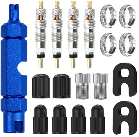 17-teiliges Fahrrad-Ventilset, Presta-Ventilkern Adapter Französische Ventilschrauben Werkzeug mit Schutzkappen Komplettset für Fahrräder und Mountainbikes