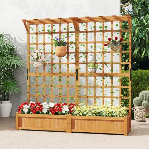 COSTWAY 2er Blumenkasten mit Rankgitter & Dach, Pflanzkasten Tannenholz, Pflanzkübel mit Sichtschutz, Hochbeet mit Spalier, Drainagelöchern & Seil, Rankhilfe Garten Terrasse, 180x48x183cm, Orange
