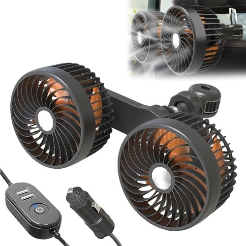 PRITOK 12V/24V Car Seat Fan: Dual Head Car Fan with Cigarette Lighter Plug, Low Noise Automobile Vehicle, 3-Speed Powerful Cooling & Dual USB Charging Ports for SUV, Truck, RV, 360° Rotatable 