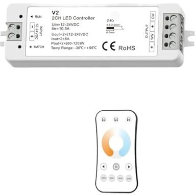 V2 LED Controller WW CW CCT 2CH 12V 24V DC 10A LED Dimmer 2,4G Fernbedienung for einfarbige Dual White LED Lichtleiste(V2 and R7-1)