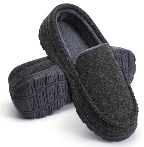 MIXIN Moccasins for Men House Slippers Indoor Outdoor Plush Mens Bedroom Shoes with Hard Sole DarkGrey Size 13