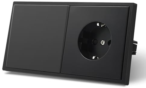 MVAVA Lichtschalter Unterputz, Standard Lichtschalter mit Schuko Steckdose 1 Fach 2 Wege, Kunststoffe Wandschalter 80mm x 150mm, Schwarz, M2-Serie