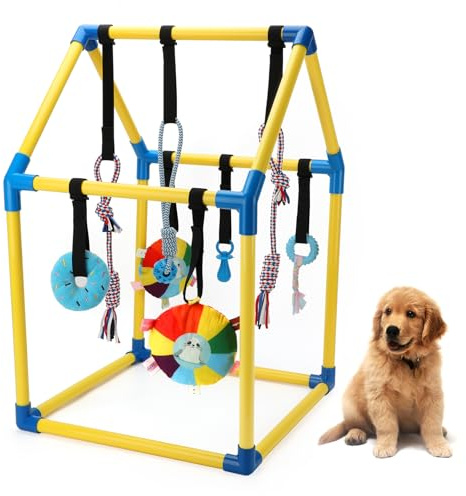 Lonepetu Welpenspielstudio mit 8 hängenden Spielzeugen für kleine Hunde | Indoor PVC A-Frame Structure, Interactive Squeaky Tething Toys, Mental Stimulation Jungle Gym for Small Breeds