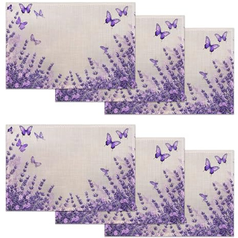 Lavender Butterfly Set of 6 Washable Linen Placemats,Purple Heat Resistant Non-Slip Table Mats for Kitchen Dining Table,Home or Party Decor 12x18