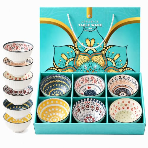Topsky Bohemian Ceramic Dessert Bowls Set of 6 with Gift Box, 400ml/13.5oz Small Decorative Cereal Bowls for Soup, Ice Cream - Colourful Stackable Tableware, Microwave & Dishwasher Safe