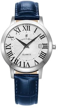 Jacques Du Manoir Genesis Gents Herren Armbanduhr, Edelstahl, 38mm, Lederarmband, Blau, 5 bar, Zifferblatt: Silber, Datumsanzeige, Römischen Indizes, JWG04802