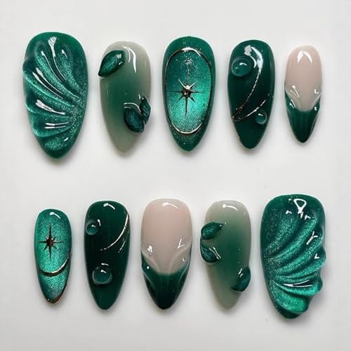 Medium Almond Press on Nails with 3D Green Gradient Design - 24PCS Glossy Handmade Fake Nails with Leaf and Style, Includes Adhesive Tabs for Women’s Quick Application