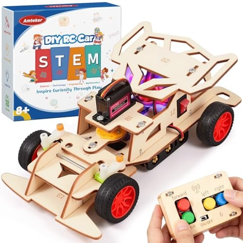 Amteker DIY Remote Control Car, RC Car Kit Toy for 8-12 Year Old Boy | Wooden Engineering Science Toy for 8-12 Year Old Boy, Gift for Boys Girls, Rc Drift Car with Self-Centering Steering