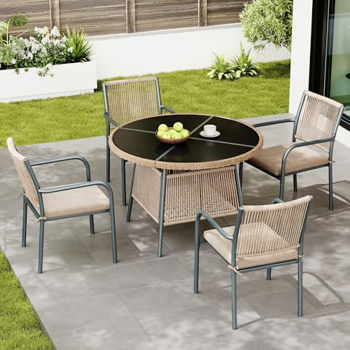 Gxffipw Rattan Gartenmöbel Set Terrassenmöbel mit Runder Glastisch und 4 Armlehnstühle, Balkonmöbel Lounge Möbel Outdoor mit Sitzkissen, Balkon Möbel Gartenlounge Outdoor Set, Eisengestell, Grau