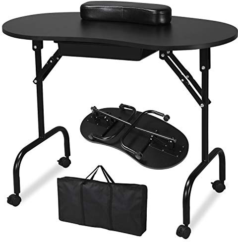Yaheetech 37-inch Portable & Foldable Manicure Table Nail Desk Workstation with Large Drawer/Client Wrist Pad/Controllable Wheels/Carrying Case for Spa Beauty Salon Black