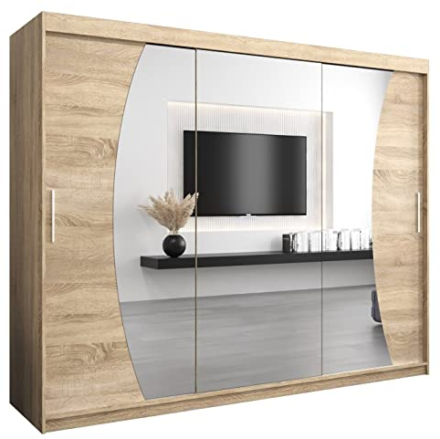 MEBLE KRYSPOL Wave 250 Schlafzimmerschrank mit drei Schiebetüren, Spiegel, Kleiderstange und Regalen – 250x200x62cm - Sonoma