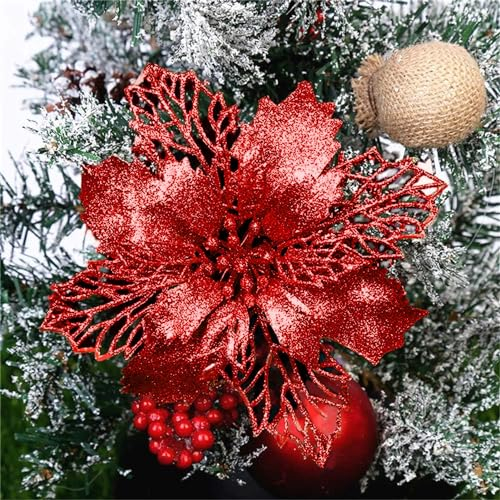 GLITZFAS 12 Stück Glitter Weihnachtsbaum Dekoration, Weihnachtsbaumschmuck Ornament Weihnachten Blumen Dekor, Christbaumanhänger (Rot,9 cm)