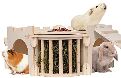 Großes Meerschweinchenschloss Naturholz Hasenhaus mit Leiter und Heufutterstation Kleintierversteck für Kaninchen Meerschweinchen Igel Chinchilla