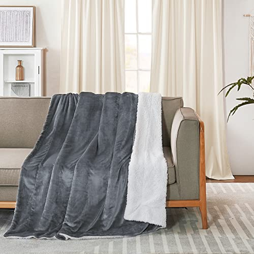 NICETOWN Sherpa-Fleece-Decken, Doppelgröße für alle Jahreszeiten, grau, dick, flauschig, warm, weich, flauschig, gemütlich, wendbar, zottelig, Samt, Plüschdecke für Sofa und Bett, 152,4 x 203,2 cm