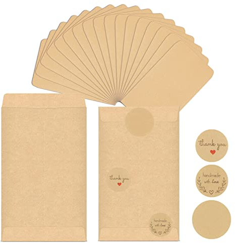 Hotipine 100pcs Vintage Papiertüten Klein Braune Kraftpapiertüten Mini Umschlag Kraft Weihnachtskarte Papierbeutel für Süßigkeiten Samen Hochzeit Bonbons Geburstag mit 300 DIY Aufkleber,16.5x10CM