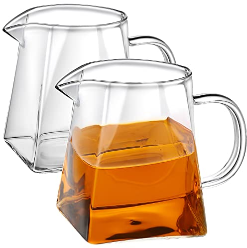 Leinuosen 2 Pcs Small Glass Creamer Pitcher with Spout Milk Frothing Pitcher Elegant Shaped Glass Coffee Tea Milk Creamer Jug Creative Milk Frother Cup(square Style,350 Ml)