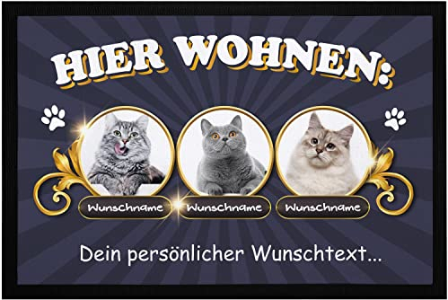 SpecialMe® Fußmatte Katzen personalisiert (1-3) mit Namen und eigenem Foto Text Wunschtext Geschenk für Katzenbesitzer 3 Katzen schwarz 60x40cm