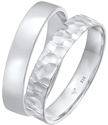 Kuzzoi Herrenringe Ring Set Silber, 2 Stück Bandringe poliert 925 Sterling Silber, Silberringe für Männer Basic und Hammerschlag Look, Silber Ring Set Herren, Ringgröße 62, 0606480722_62