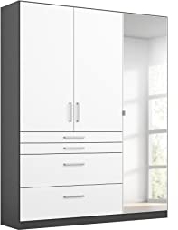 Rauch Möbel Harburg Schrank Kleiderschrank Drehtürenschrank Weiß-Graumetallic, Schwarz, 3-türig Spiegel und 4 Schubladen mit Zubehörpaket Basic 3 Einlegeböden, 1 Kleiderstange BxHxT 136x197x54 cm