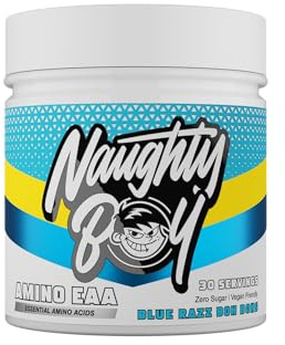 Naughty Boy Amino EAA Powder, Essential Amino Acid & BCAA Recovery Formula, 255g, 30 Servings, Blue Raspberry Bon Bon