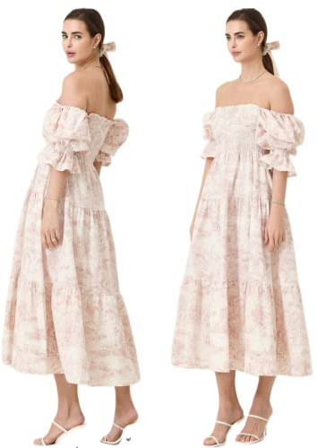 Nothing Fits BUT Kiko - Vestido de Maternidad para Baby Shower, Vestido de Lactancia clásico de Lino Fruncido para Mujer, Mangas Cortas abullonadas, Hombros Descubiertos, Longitud hasta la