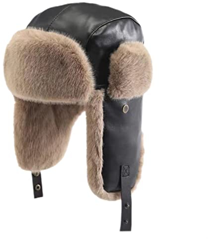 GIBZ Fliegermütze für Damen Plüsch Wintermütze mit Ohrenschutz Winddicht Leder Russisch Trappermütze, Schwarz