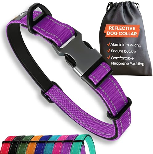 Strong Dog Collar Large Dogs – Purple Reflective Adjustable Padded Dogs Collars - Metal Buckle, Aluminium V-ring, Dog Safety