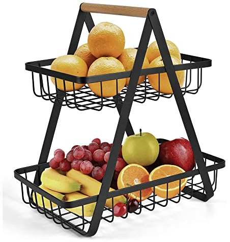 RATSTONE Frutero 2 Pisos,Fruteros De Cocina,Cesta Frutas Y Verduras,Frutero cesta de fruta,frutero extraíble cesta de almacenaje de cocina,verdulero,cesta de fruta y verdura para pan snack (negro)