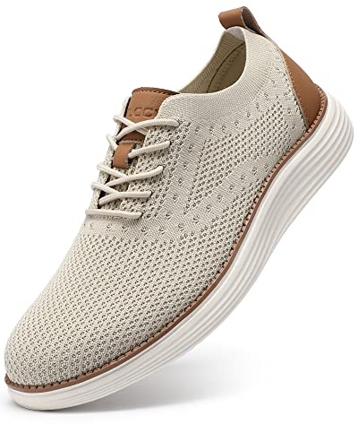 VILOCY Men's Casual Dress Sneakers Oxfords Business Shoes Lace Up Lightweight Comfortable Breathable Walking Knit Mesh Fashion Sneakers Tennis Beige,EU44
