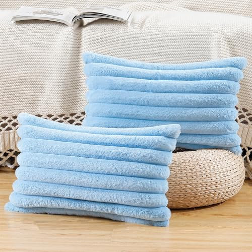 Madizz 2er Set Kunstpelz Plüsch Dekorative Kissenbezüge Flauschig Gestreifte Weich Dekorative Kissenbezug für Sofa Schlafzimmer Kissen Shell Hellblau 30 x 50 cm