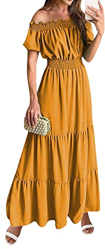 FeiBeauty Damen Kleid Kleid Hijab Kleid Schwarze Kleider Schulterfrei RüSchen Einfarbig Kurzarm Bodenlang Kleid Sexy Hohe Taille Lang Kleid Elegant A-Linie Tunika Kleid Boho Petticoat Kleid (Gelb, L)