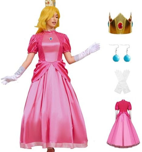 PAINEOMN Prinzessinnenkleid für Damen, Halloween, Prinzessin, Cosplay, Kostüm, Krone, Ohrringe, Handschuhe, Set, Erwachsenenkostüm, Anzug, Pfirsich, L