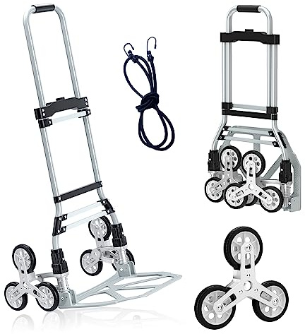 118 kg Treppensteigwagen, Aluminium-Trolley für Treppen, zusammenklappbarer Handwagen, Einkaufswagen mit stummen Rädern, Teleskopgriff und Gummirädern für Umzug, Einkaufen
