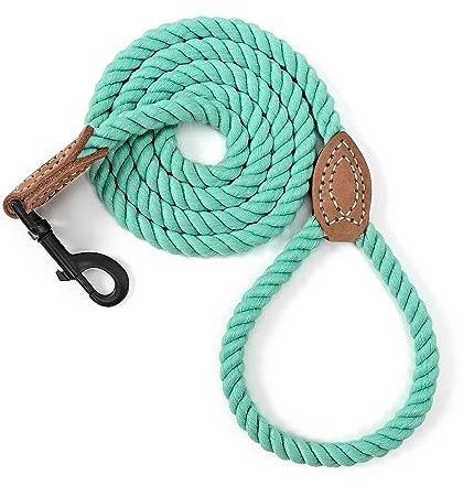 Mile High Life Braided Cotton Rope Leash with Leather Tip - 6 Feet Heavy Duty Metal Clasp Wedding Dog Leash (Green, 72 Inches)