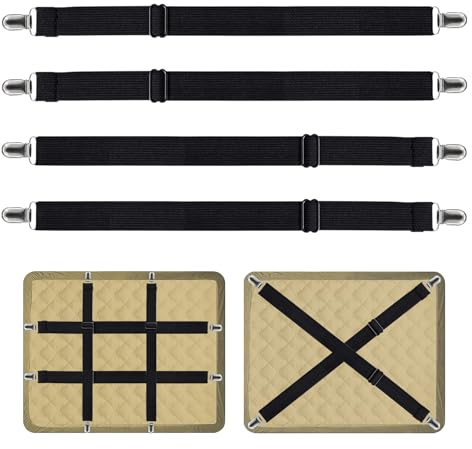 Thgtao Lot de 4 pinces à draps réglables de 55 à 250 cm avec pince en métal de qualité supérieure - Fermetures élastiques améliorées pour linge de lit (noir)